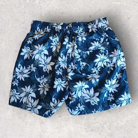 Boys Swim Trunks Hawiian  Blue Floral w/ Mesh Lining Size M Slate & Stone‎ - Picture 2 of 4